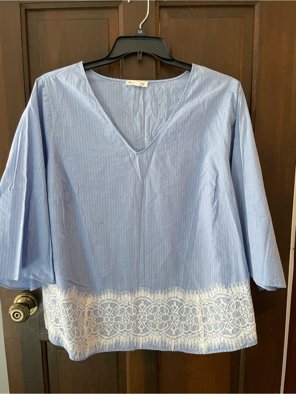 Jane and Delancey Light Blue V-Neck Blouse with White Lace Hem
